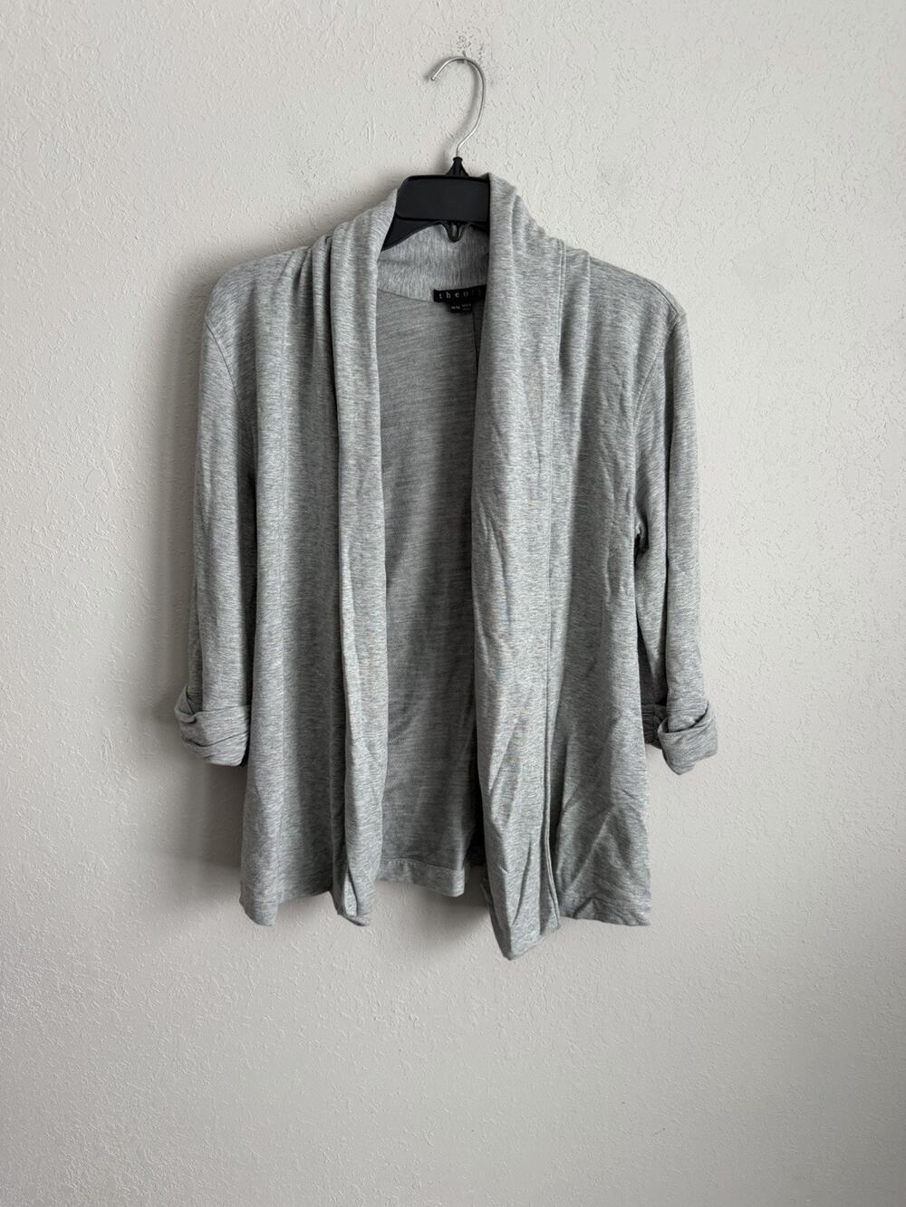 Theory Gray Shawl Collar 3/4 Ruched Sleeve Open Front Cardigan Womens M Classic